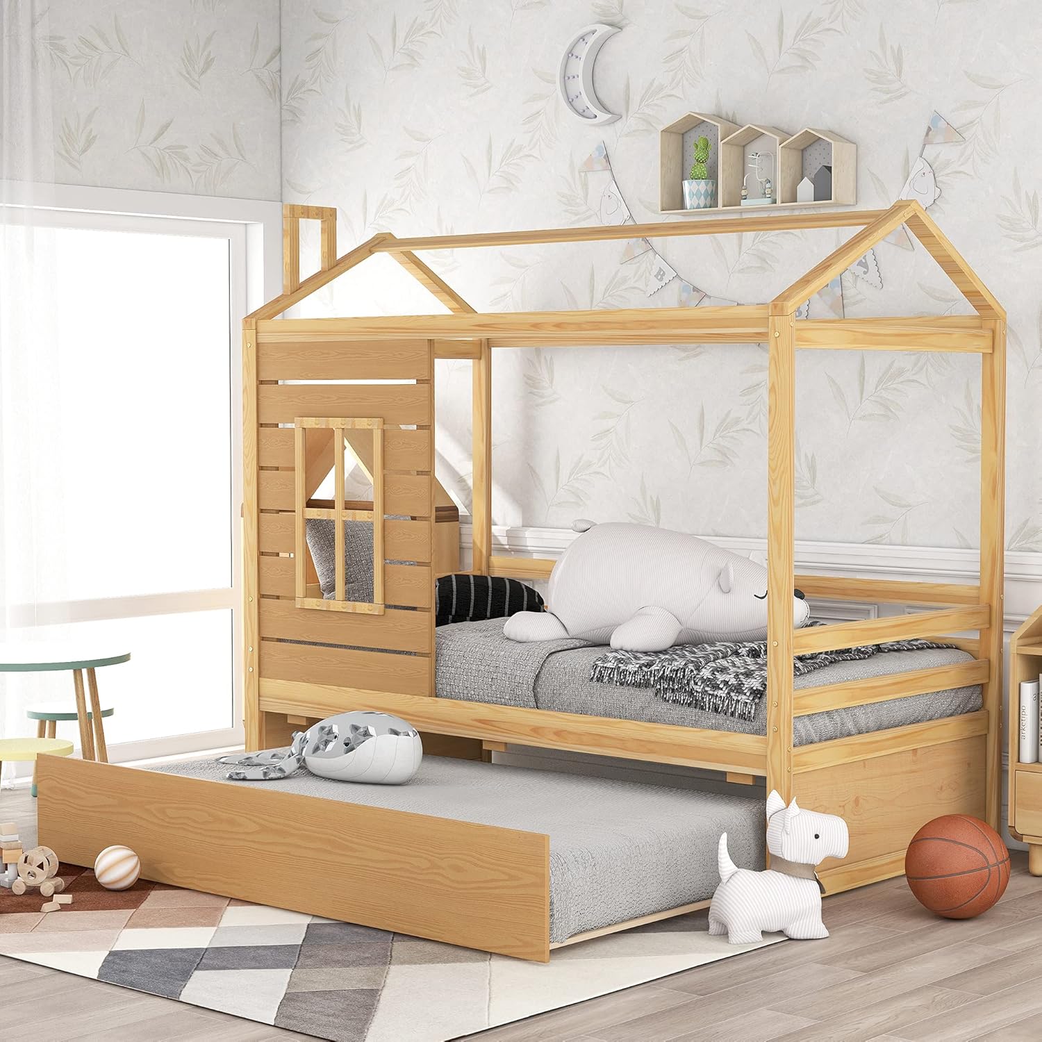 White Twin House Shape Wooden Floor Bed with Trundle Y607