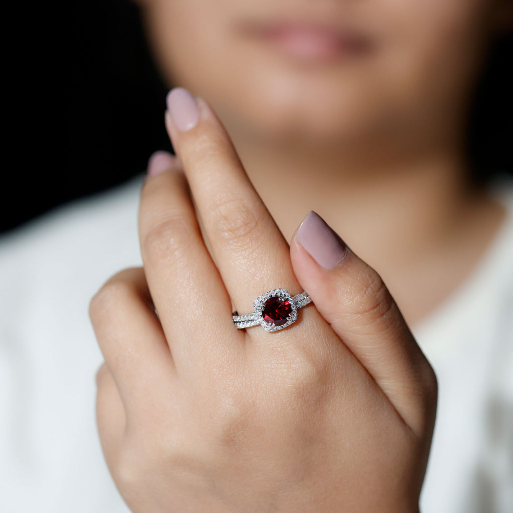 Lab Created Ruby Ring Set with Moissanite Accent, 925 Sterling Silver J29606
