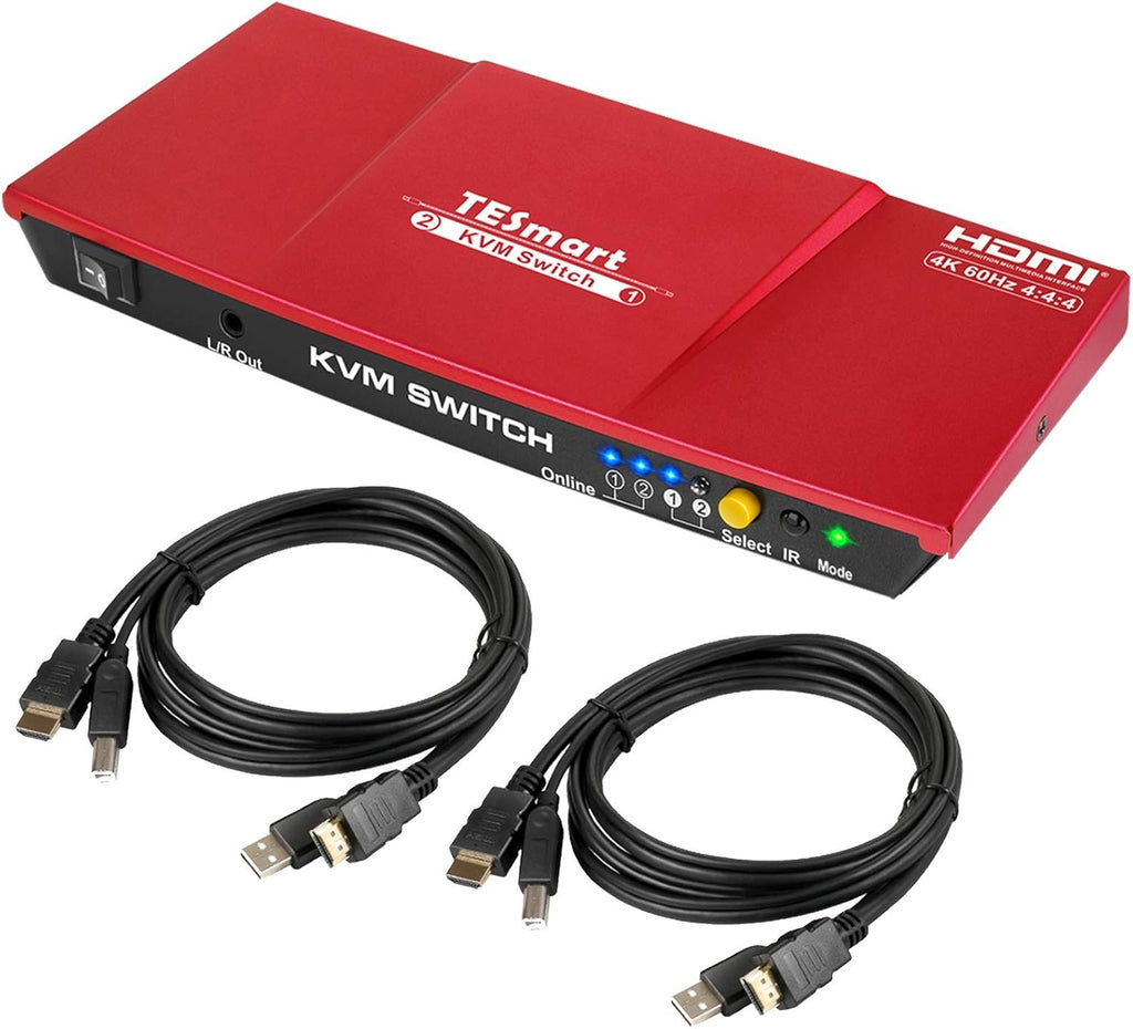 HDMI KVM Switch 2 Port 4K@60Hz Ultra HD 2x1 with 2 Pcs 5ft KVM Cables C807
