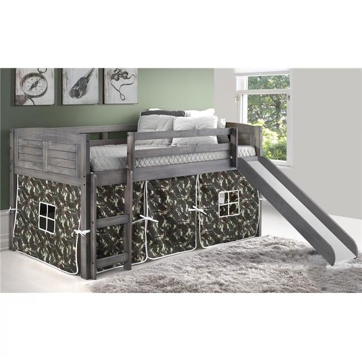 Antique Grey Twin Size Low Loft with Slide & Camo Tent Y34116