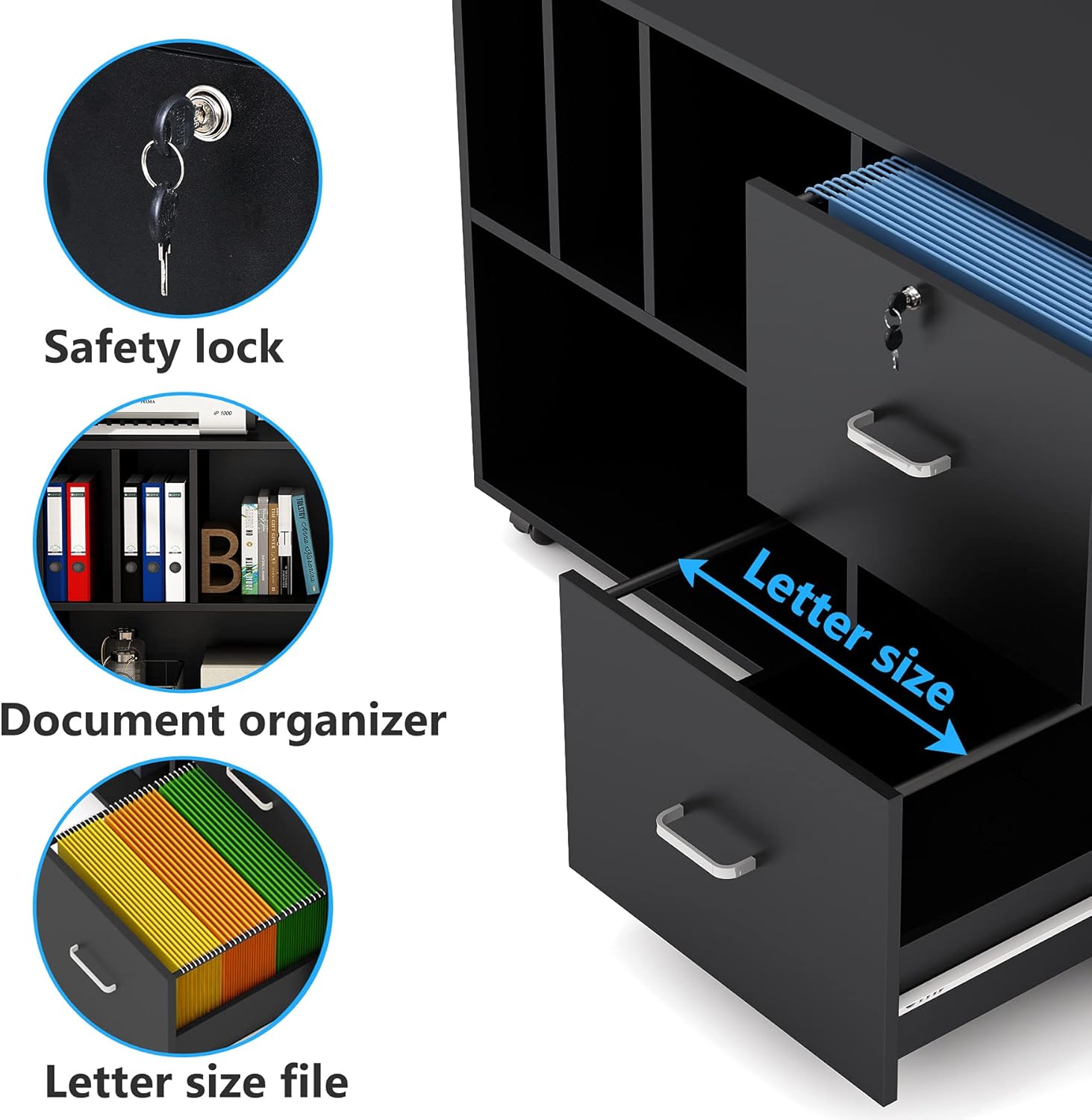 Black Lateral File Cabinet with Lock and Wheels U663200