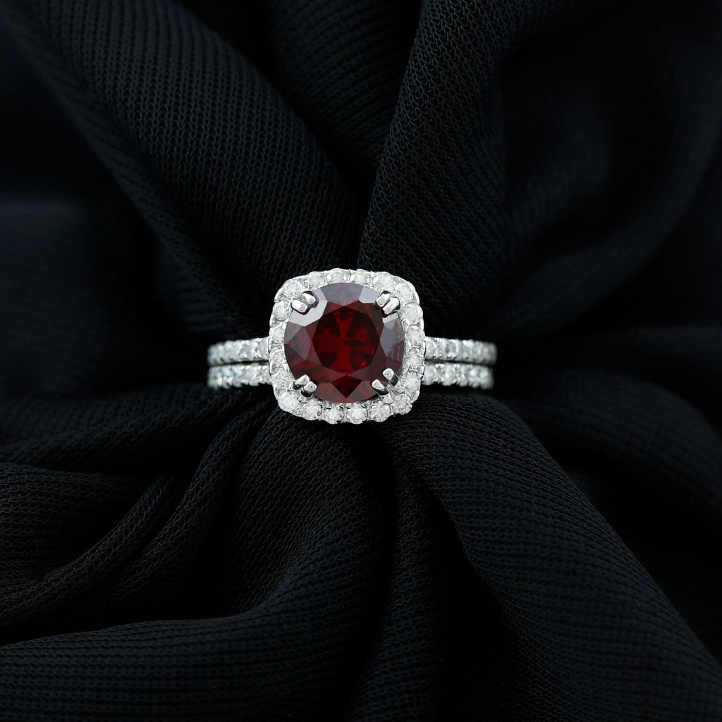 Lab Created Ruby Ring Set with Moissanite Accent, 925 Sterling Silver J29606