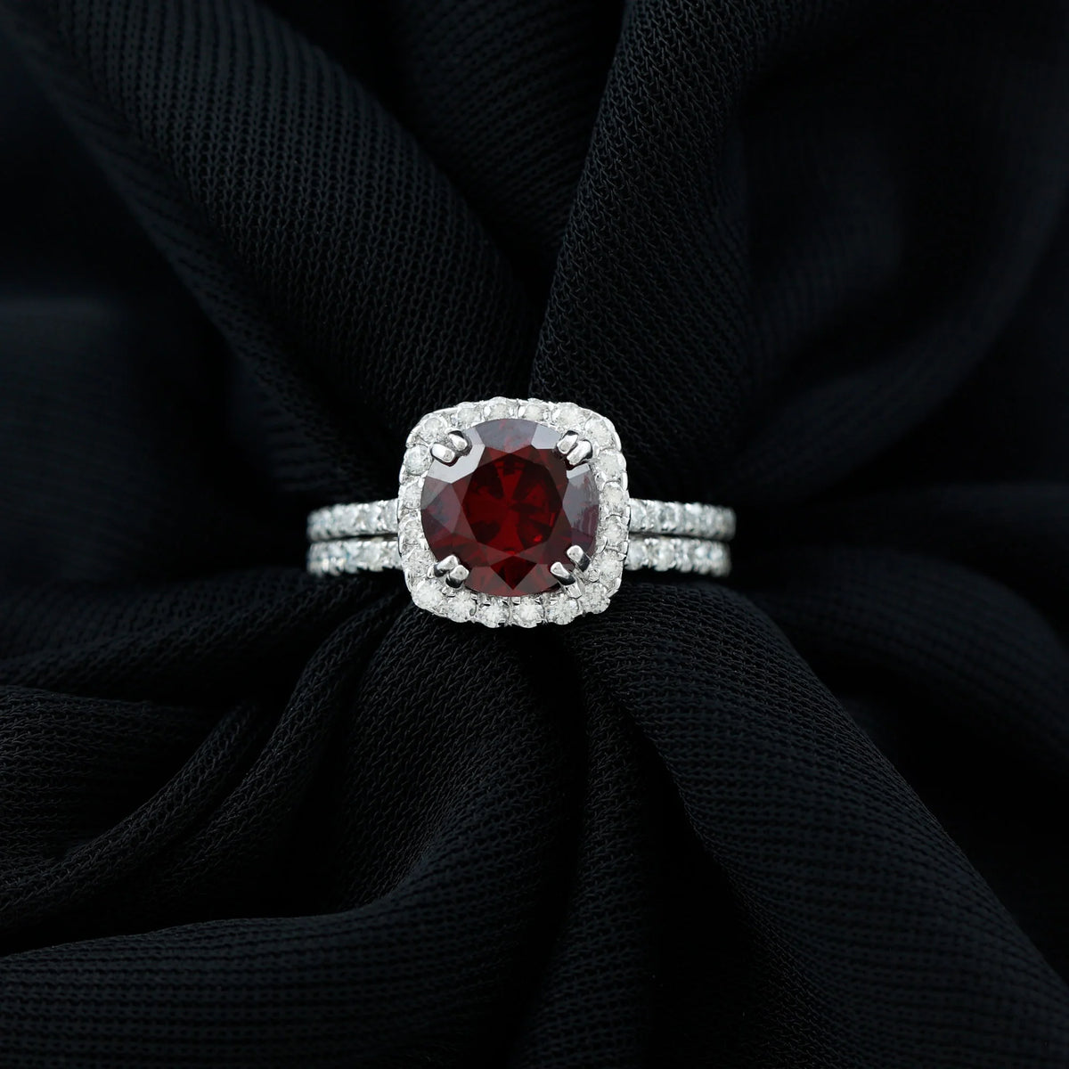 Lab Created Ruby Ring Set with Moissanite Accent, 925 Sterling Silver J29606