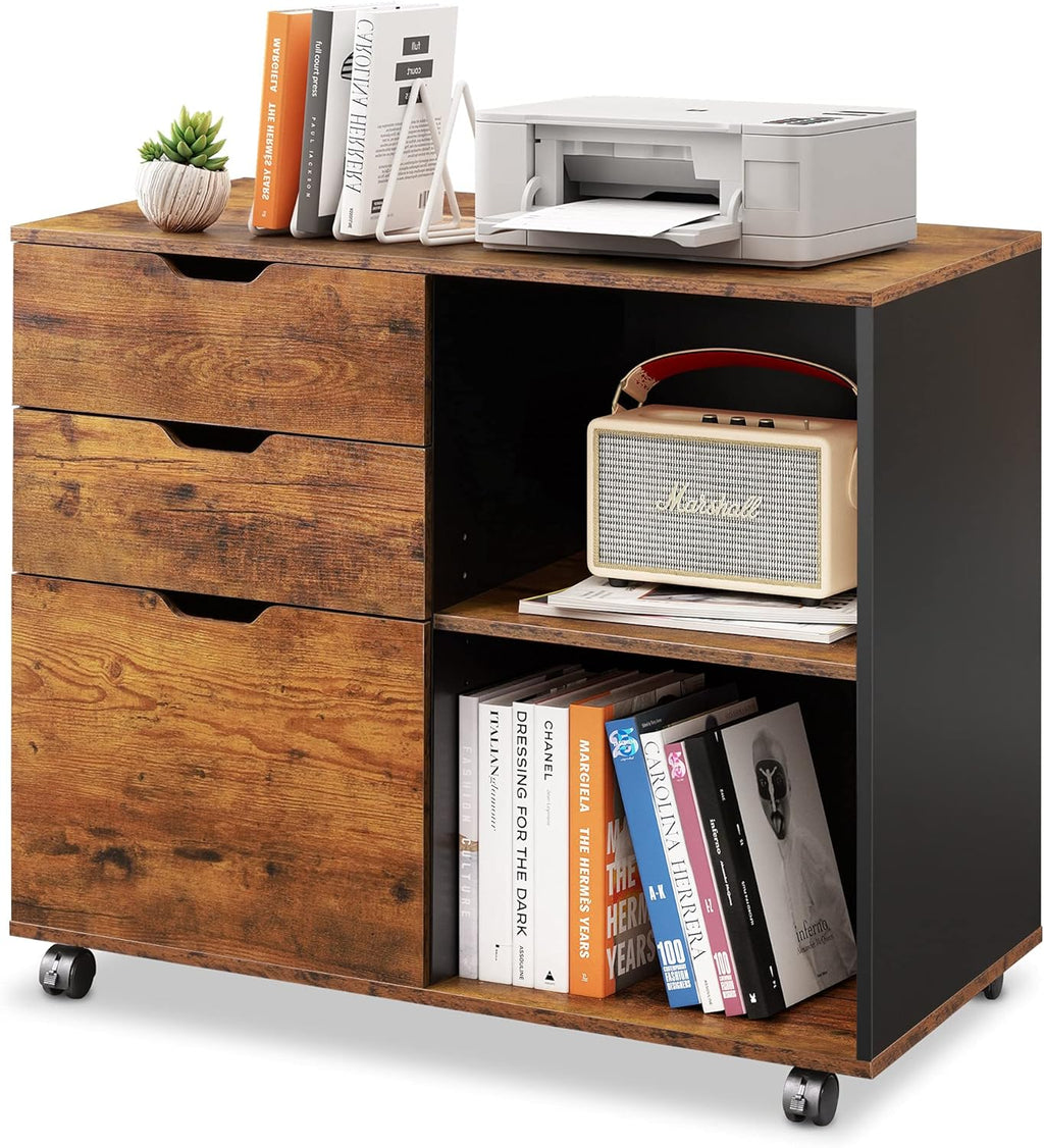 Rustic Brown 3-Drawer Wood File Cabinet with Open Storage Shelves W3861