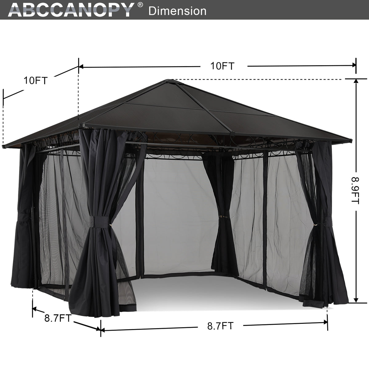 10x10 Hardtop Patio Gazebo with Netting and Screen Walls Curtains, Dark Gray W959