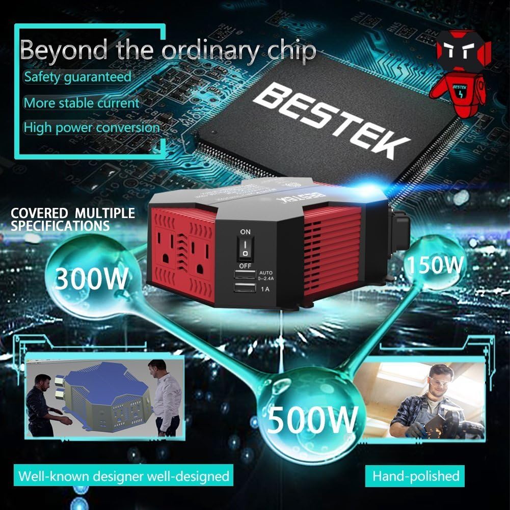 400W/500W DC 12V 110V Power Inverter with 4 USB Charging Ports, 2 AC Outlets, Pack of 2 E2407
