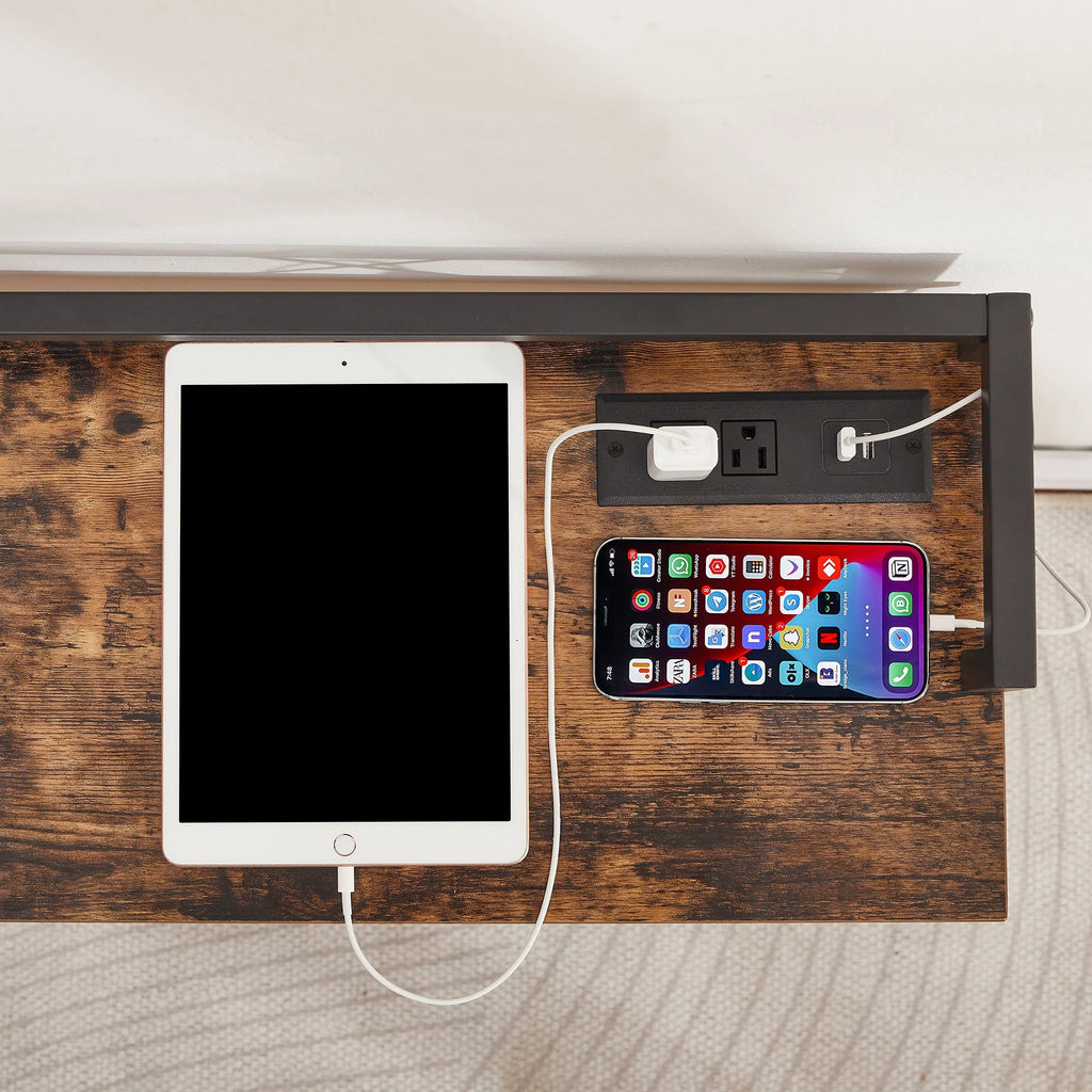 39.4" Console Table with 2 Outlet and 2 USB Ports, Industrial Style Sofa Table, Brown V81630