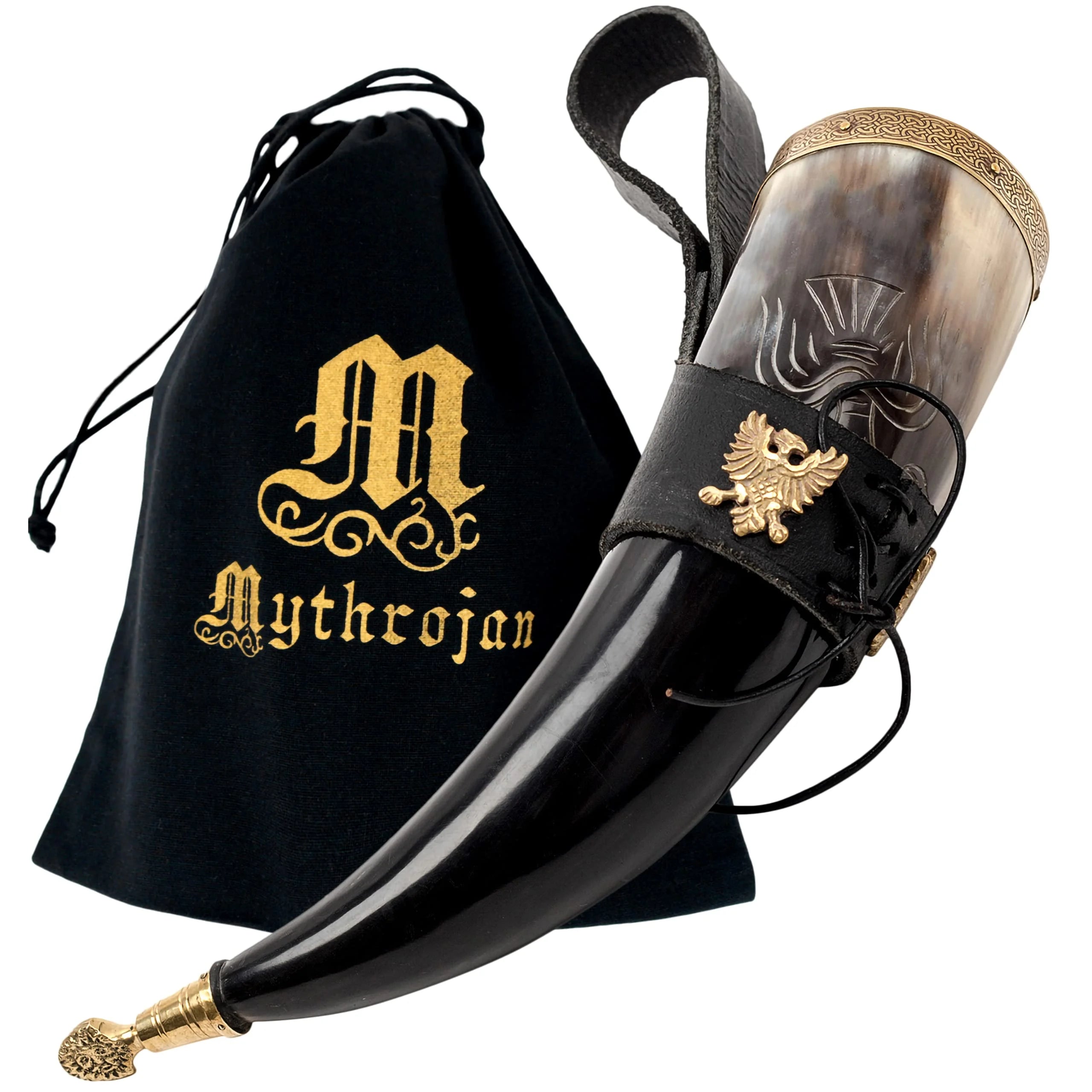 Polished Viking Drinking Horn with Black Leather Holder R86514