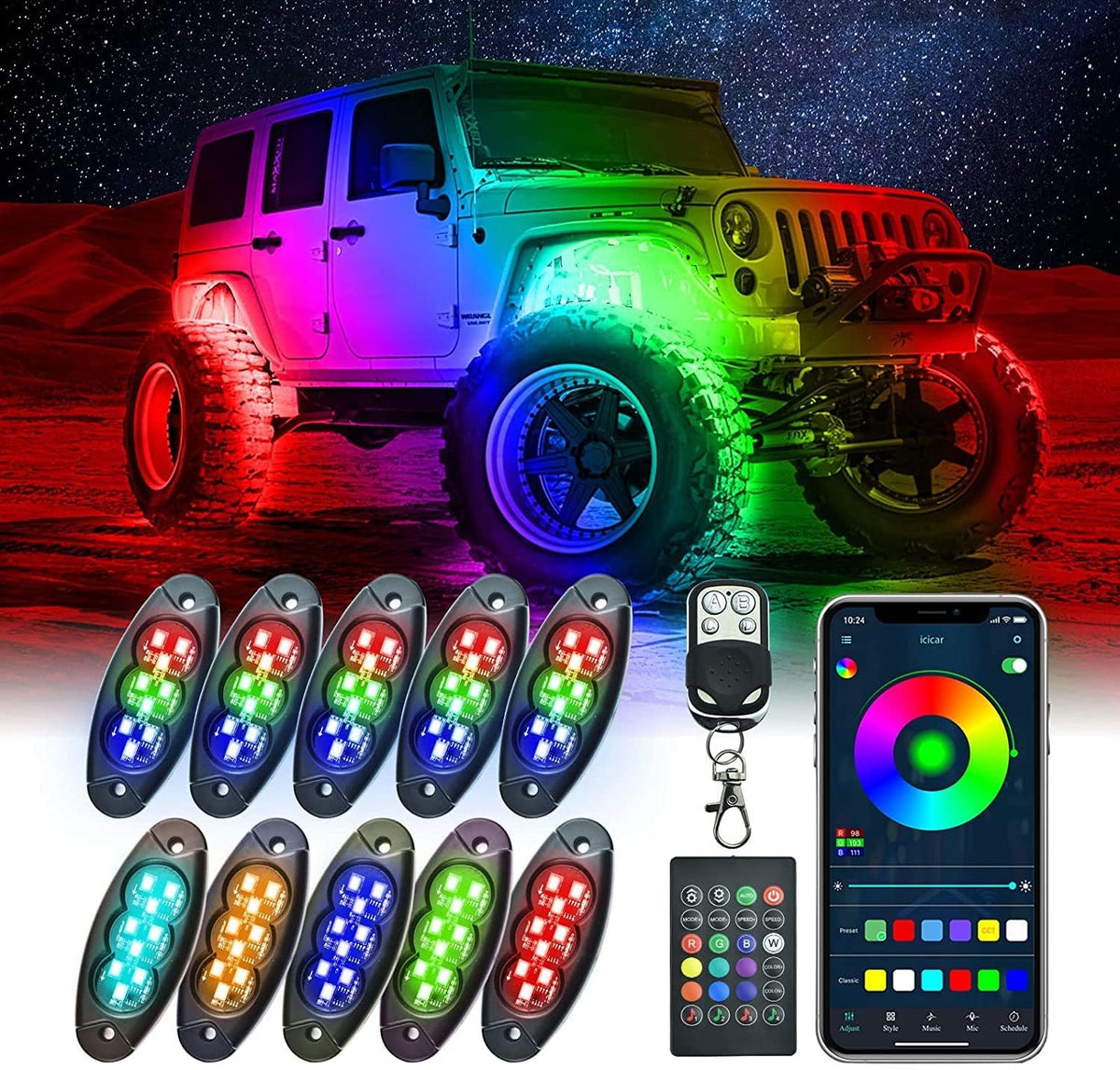 10 Pods RGB Rock Lights for Trucks, Multicolor Chasing Neon Underglow Lights Kits with APP/Remote Control & Music Mode, Waterproof IP68 Pack of 2 F773138