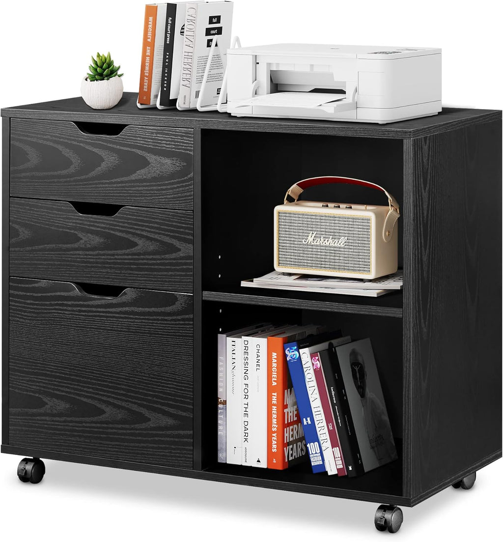 Rustic Brown 3-Drawer Wood File Cabinet with Open Storage Shelves W3861