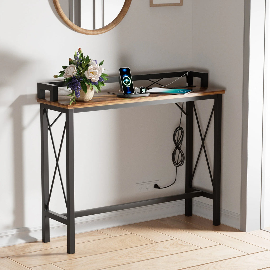 39.4" Console Table with 2 Outlet and 2 USB Ports, Industrial Style Sofa Table, Brown V81630