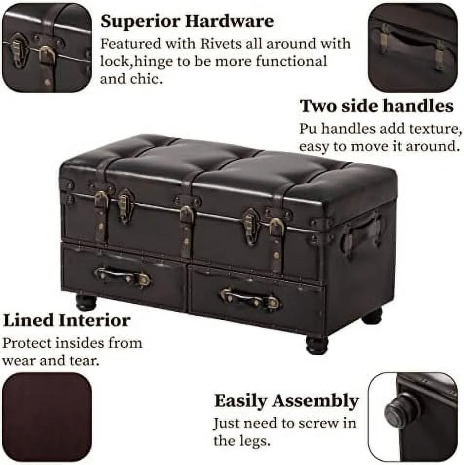 Vintage Faux Leather Ottoman Bench D7260