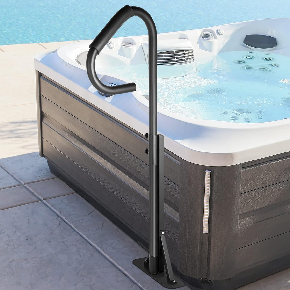 Black Heavy Iron Hot Tub Handrail with Slide-Under Mount Base D991