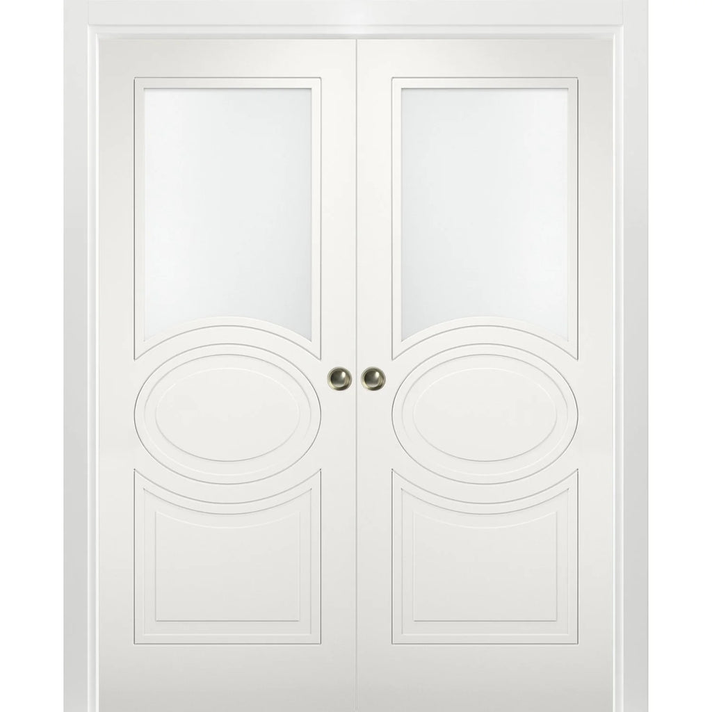 Sliding French Double Pocket Doors 36 x 84 inches Opaque Glass Matte White MDF Interior Doors J212341