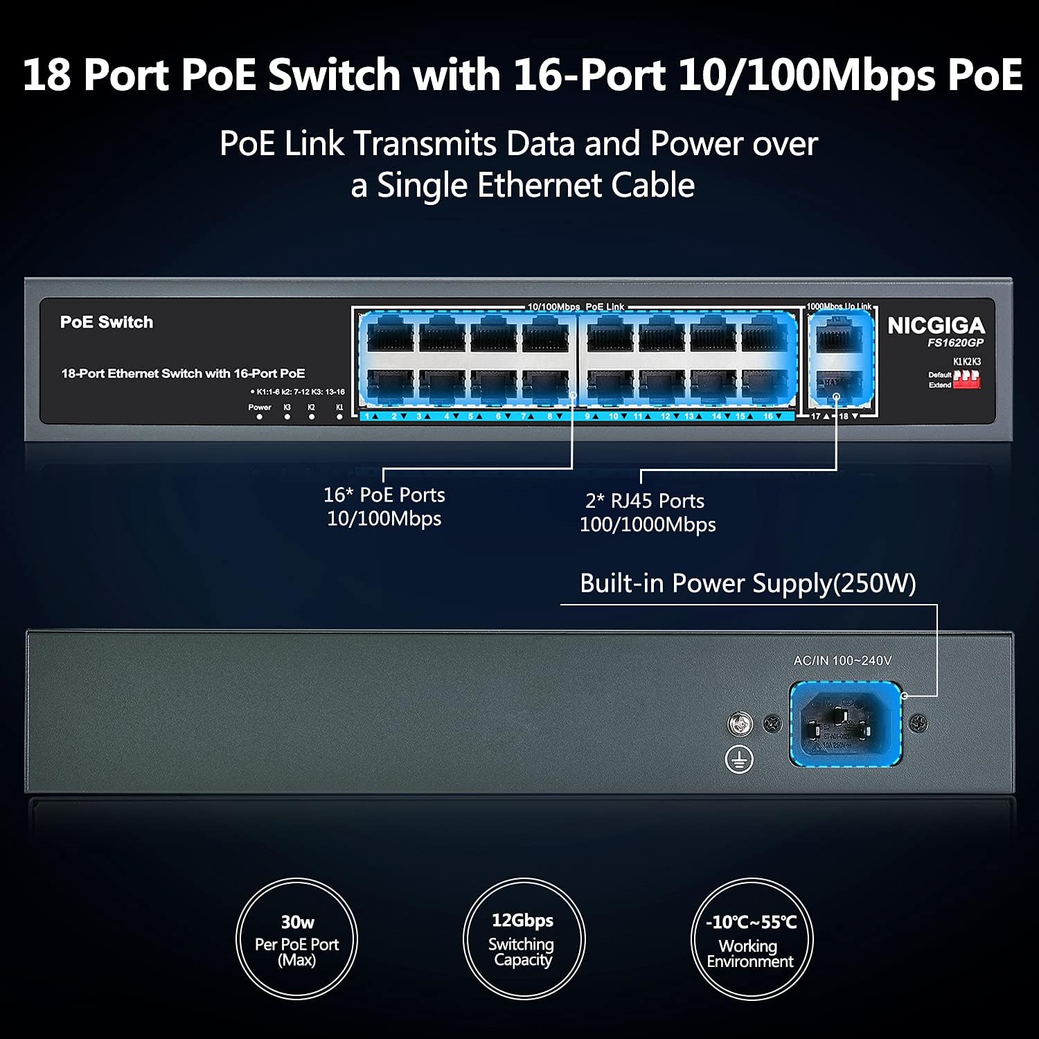 26 Port PoE Switch with 24 Ports 10/100Mbps PoE+@400W, 2 Gigabit Uplink Ports, Metal Case T168345